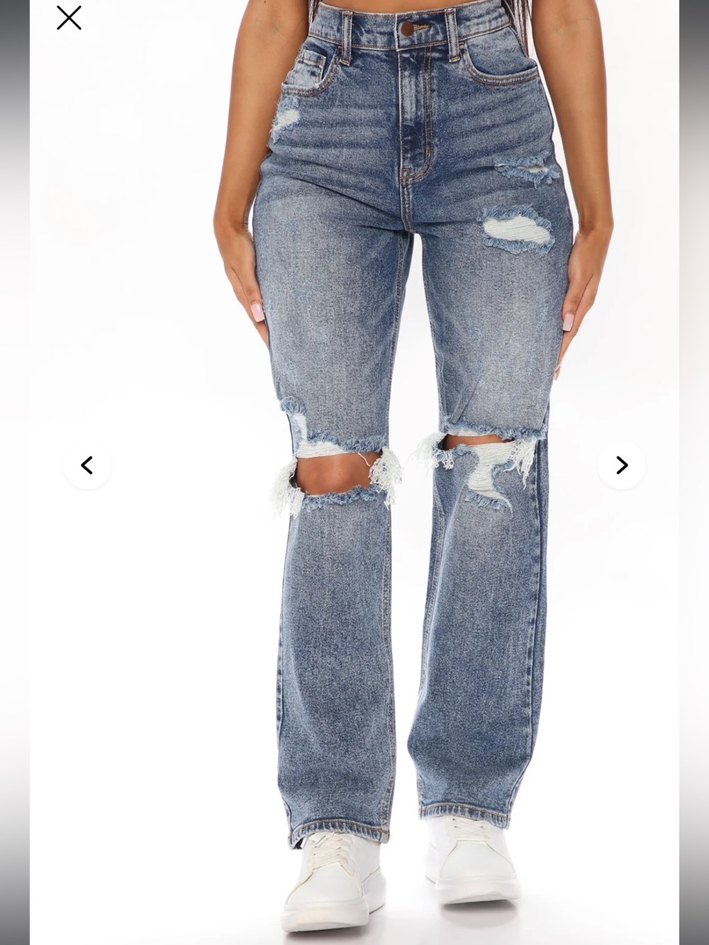 Distressed Straight Leg Jeans - Blue Wash